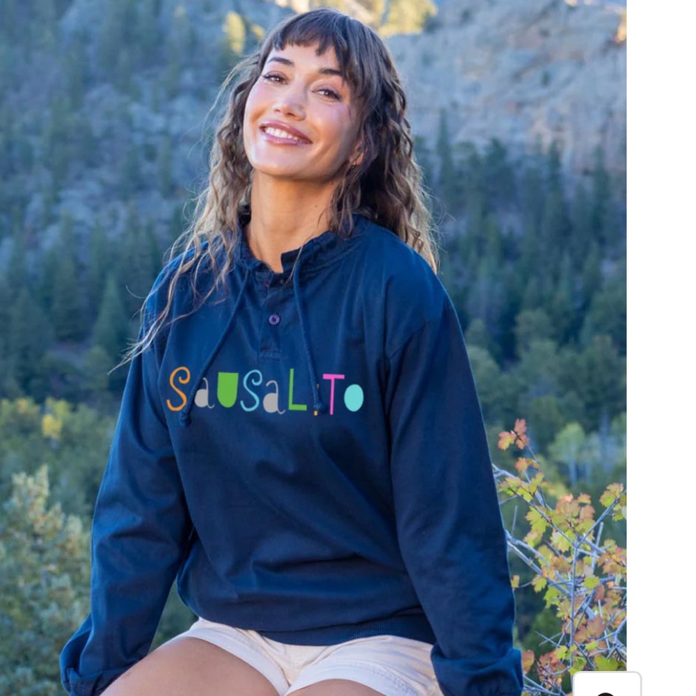 Sausalito Women's Fun Font Navy Long Sleeve  Pullover Crazy Shirts Small